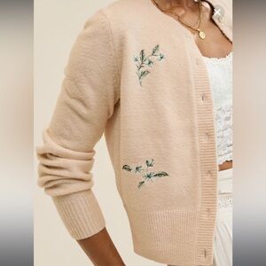 Aerie Softest Classic Cream Cardigan with Floral Embroidery in Sandbar